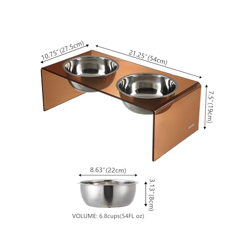 DBL2001D Keaton 7.5" Medium/Large Modern Acrylic Rectangular Elevated Pet Feeder with 54oz 2-Stainless Steel Bowls, Amber/Chrome - color: Amber/Chrome, size: 54 Ounces (7.5" Cups 2-Pack)
