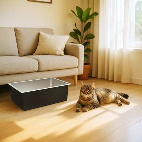 Ohtomber Large High Sided Stainless Steel Cat Litter Box | Non-Stick, Odor Free, Easy to Clean Metal Pan, For Indoor Big & Small Cats & Kittens - size: 23.4"L x 15.6"W x 6"H