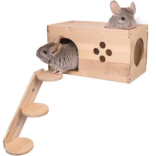 YKD Natural Birch Wooden Chinchilla House with Ladder | Ventilated Small Animal Hideout with Multiple Doors for Sugar Gliders, Squirrels & Small Pets