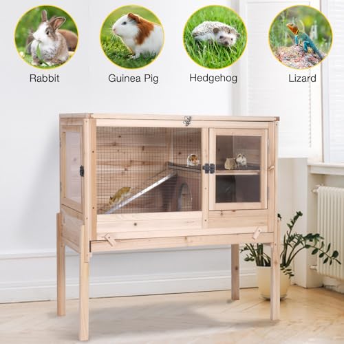Aivituvin Wooden Guinea Pig Cages Indoor with Removable Stand, Anti Chewing Rabbit Hutch with Ramp and Wire Mesh, 2 Story Small Animals House Habitat with Pull Out Tray (Light Natural Wood) - color: Light Natural Wood
