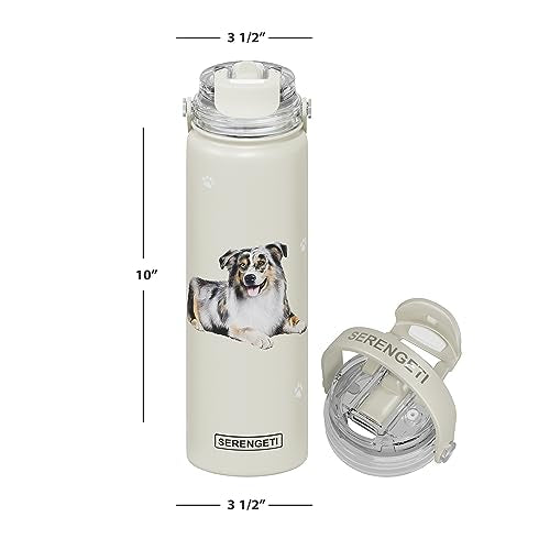 SERENGETI 24 Oz Water Bottle Stainless Steel with Spill Proof Lid - Double walled Vacuum Insulated water flask - Realistic 3D Print of your favorite dog (Australian Shepherd) - color: Australian Shepherd