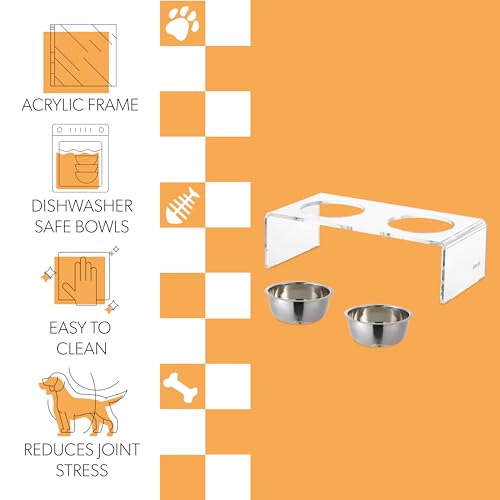 DBL2000A Keaton 5" Small/Medium Modern Lucite Rectangular Elevated Pet Feeder with 20oz 2-Stainless Steel Bowls, Clear/Chrome - color: Clear/Chrome, size: 20 Ounces (5" Cups 2-Pack)