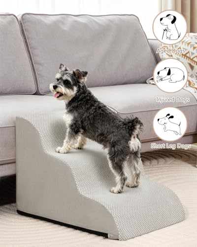 Aodisman Dog Stairs for Small Dogs,3 Step Dog Ramp for Couch,Non-Slip Steps | Pet stairs help small dogs,old cats,and puppies reach couches and chairs easily,durable indoor dog steps,15.4" H,Light Grey - color: Light grey