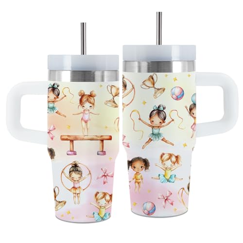 Gymnastics 14 oz Water Bottle, with Handle Straw, Insulated Cup | 14 oz Stainless Steel Tumbler, Travel Sports Mug, Thanksgiving Christmas Birthday Dance Gift, for Daughter Gymnastics Coach - color: Gymnastics