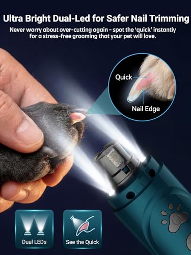 Super Quiet Dog Nail Grinder & Clippers Kit with 2 LED Lights, 3 Speeds Up to 12,000 RPM, Lower Than 30dB Electric Pet Nail Trimmer for Small Medium Large Dogs and Cats - color: A-Blue