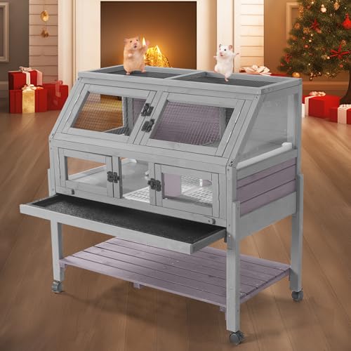 Large Guinea Pig Cage with Wheels, Anti-Chew Metal Frame Lamp, Deep Leakproof Pull-Out Tray, Spacious Habitat for Hamsters, Rats, Chinchillas, Ferrets - color: Light gray
