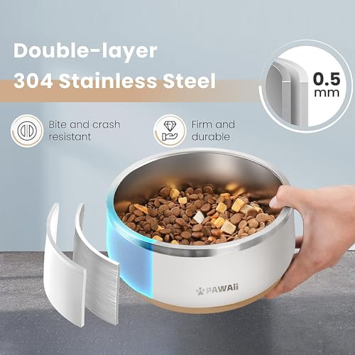 Pawaii Dog Bowl, 34 oz Stainless Steel Food and Water Bowl, ID Tag, 1 Pack | Double-Wall Design,Non-Slip Rubber Base,Dishwasher Safe,Smooth Open Design, Not a Slow Feeder,Easy-Rinse Interior - color: Cream White, size: 34oz
