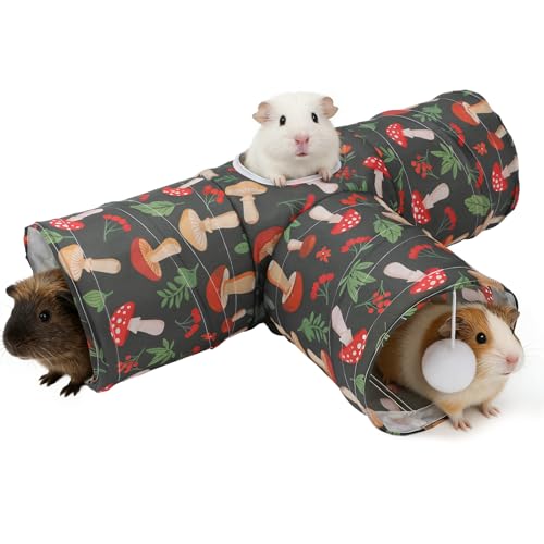 Rypet Guinea Pig Tunnel Hideout 3-Way Collapsible Small Pet Tubes, Mashroom | 3 Way Design for Exploration, Collapsible for Easy Storage, Built-in Play Ball, Hiding & Resting for Hamsters Ferrets - color: Mushroom