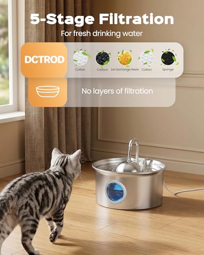 Pet Water Fountain Stainless Steel: 8 Filters + 8 Sponges Cat Fountains for Drinking - Metal Pet Fountain - Running PetFountain Filtered - DCTROD 88oz/2.6L Faucet Pet Bowl Dispenser Fountains