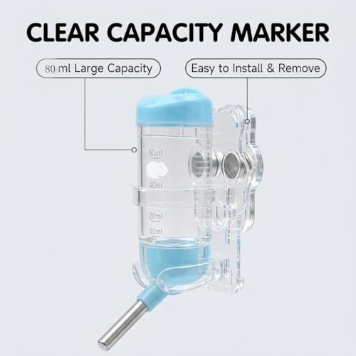 Strong Magnetic Hamster Water Bottle with Holder, 2.7oz No Drip Small Animal Water Bottle for Glass Tanks, Hamsters, Gerbils, Mice, Rats, BlueZ9476-5