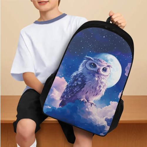 Stand Owl Backpack for School Girls 3rd Grade Boys Bookbag with Lunch Box Water Bottle Holder and Pen Pencil Case 4 PCS Lightweight Back Packs with Compartment for Kids/Toddler - color: Stand Owl
