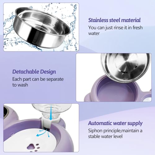 Tfwadmx Double Rabbit Bowls Cat Automatic Feeder with Gravity Water Bottle No Spill Detachable Dog Stainless Steel Bowl Set for Bunny Puppy Kitty Kitten Ferret Squirrel - color: Purple