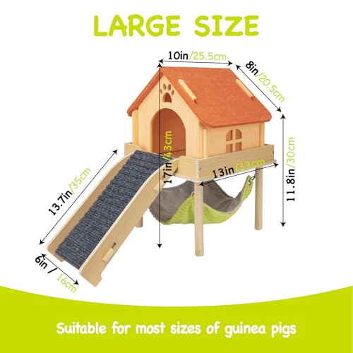BESNEW 3 in 1 Enlarged Guinea Pig Hammock,Wooden Guinea Pig Hideout with House & Platform & Stairs Small Animal Toys for Hiding Sleeping Activities - color: Orange Roof