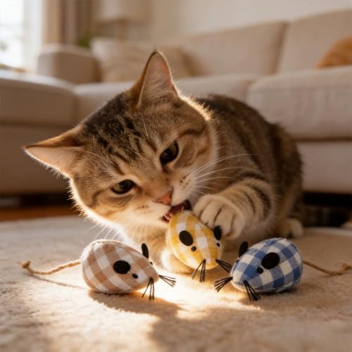 3 Pack Cloth Catnip Mice Toys, Checkered Interactive Cat Mouse Teeth Cleaning Chew Toy for Indoor Cats & Kittens - color: 3 Pack - Multicolor