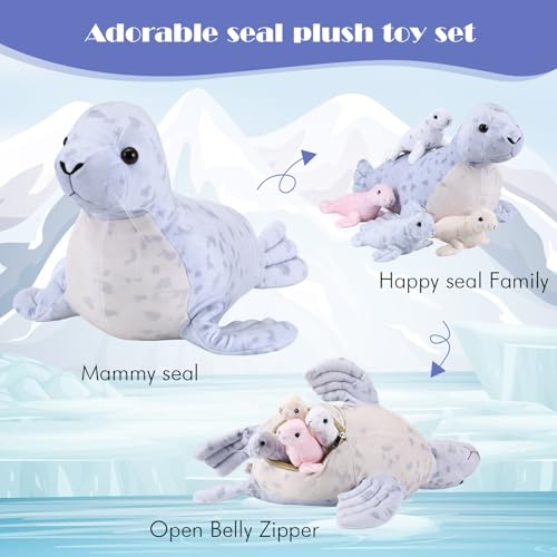 Hollowfly 5 Pcs Seals Plush Set 18" Large Seals Pillow with 4 Cute Babies Stuffed Animal in Zippered Belly Nurturing Plushes Toy Gift for Kids Adults Birthday Christmas Holiday Part - style: Seals
