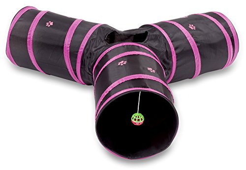 Cat Tunnel - Collapsible 3 Way Play Toy - Interactive Tube Toys for Rabbits, Kittens, and Dogs - Black/Pink - color: Pink