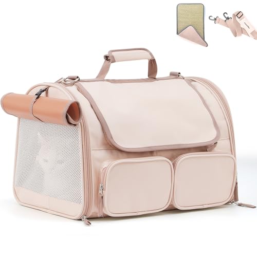 FUKUMARU Cat Carrier, Airline Approved Dog Carrier with Rollable Cover | Breathable Soft Cat Carrier, Multiple Doors & 4 Storage Pockets Cat Travel Bag, Durable Pet Carrier for Cat Under 15 lb, Pink - color: Pink