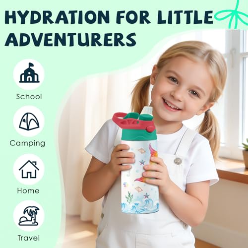 Mermaid 12 oz Water Bottle with Straw – Kids Stainless Steel Vacuum Insulated Cup, Leakproof Pop-Up Spout, Reusable Travel Mug for Boys and Girls Outdoor Sports - color: Mermaid1