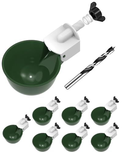 Chicken Waterer Cups (8 Pack) with 3/8" Drill Bit - Green | Automatic Poultry Drinker Feeder Kit for Chickens, Ducks, Turkeys, Quail, Bunnies | DIY Gravity Fed Bucket Water Dispenser - color: Green, size: 8 Pack + Drill bit