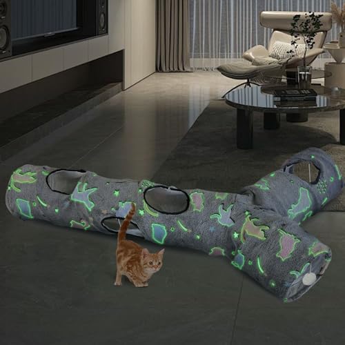 Cat Tunnels for Indoor Cats, Self-Luminous Cat Tunnel with Plush Ball, 3 Way Kitten Tunnel Collapsible, Cat Play Tunnel with Interactive Peephole for Large Cat, Puppy, Kitten - color: 59"-Self-Luminous
