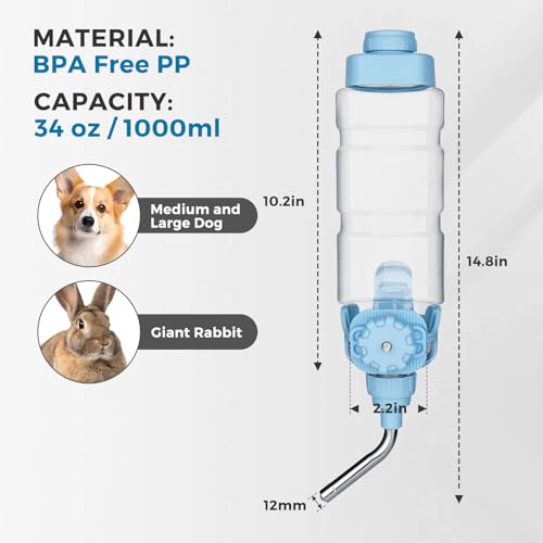 Vannon Dog Crate Water Bottle, 34oz Top-Fill Pet Water Dispenser, Blue | kennel water bottle helps keep pets hydrated longer with fewer refills and easy daily care. - color: Blue, size: 34oz