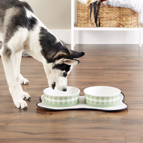 Bone Dry Ceramic Food Bowls, Non-Slip & Dishwasher Safe, Large Set, 7.5x2.4 Desert Sage Check - color: Desert Sage Petite Check, size: Large Set, 7.5x2.4"