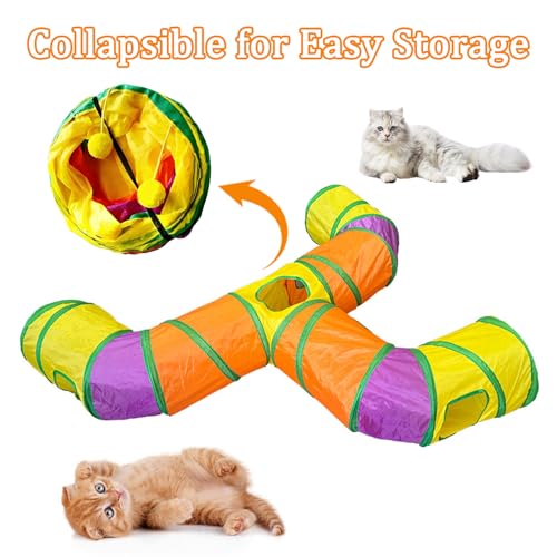 3-Way Cat Tunnels for Indoor Cats with Peek Hole, Large Foldable Rainbow Pet Tube Toy with Hanging Ball, Fun Interactive Toys for Kittens, Rabbits, Small Dogs - size: T Shape