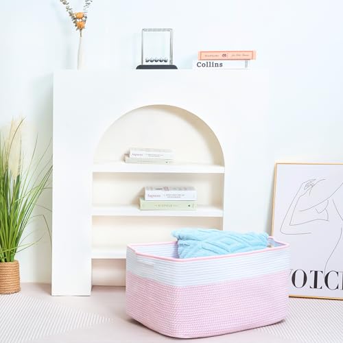 22in Extra Large Blanket Basket Holder Living Room, Rectangle Rope Woven Storage Basket with Handles for Laundry, Pool Towels, and Shoes, Dog Toy Organizer Bin Box, Light Pink - color: Light Pink
