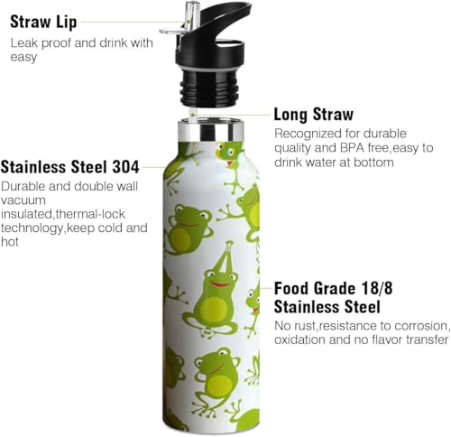 Kids Water Bottle with Straw,Green Frog Bottle Vacuum Insulated Stainless Steel Travel Mugs Tumbler For Sport School Outdoor 20 oz - color: Green Frog