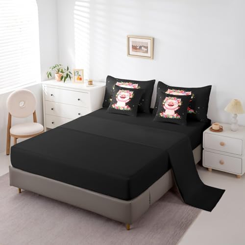 Erosebridal Pink Pig 7 Piece Comforter Set for Girls Kawaii Room Decor King,Rose Floral Leaf Bed in a Bag with Flat Sheet and Fitted Sheet,Cute Farm Animal Cartoon Bedding Set with Pillowcase & Sham - color: Black Pink, size: King