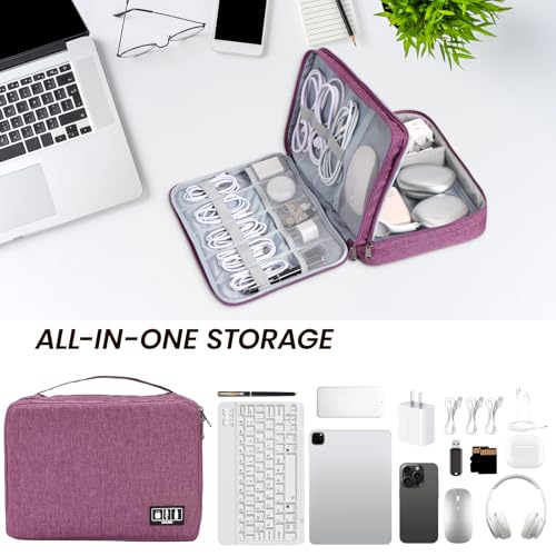 Electronic Organizer Travel Case, Double Layer Cable Organizer Bag | Double-layer design with adjustable dividers, mesh pockets and elastic loops for chargers, cables, power banks and gadgets - color: purple