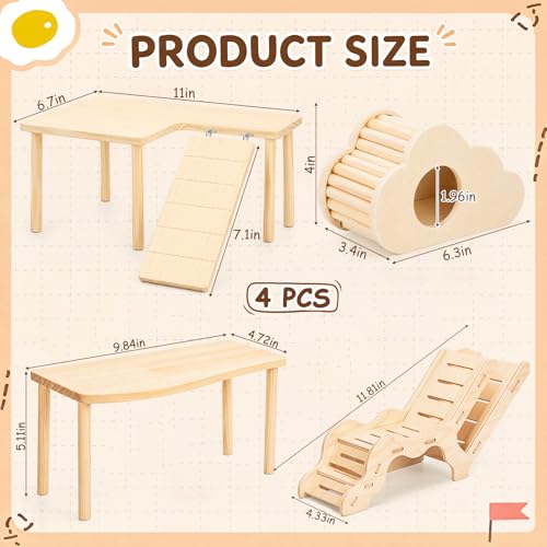 BreezeHug 4 Pcs Hamster Cage Accessories Hamster Platform Hideout Wooden Tunnel Ladder Playhouse Game Climbing Toy with Platform for Pets Dwarf Syrian Mice Degus Gerbils Squirrel(L-Shaped) - style: L-shaped