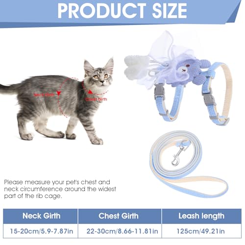 TIESOME Cat Harness and Leash Set, Adjustable Gradient Kitten Harness Escape Proof Harness with Leash for Kitty Outdoor Walking (Ribbon Bear Blue) - color: Ribbon Bear Blue
