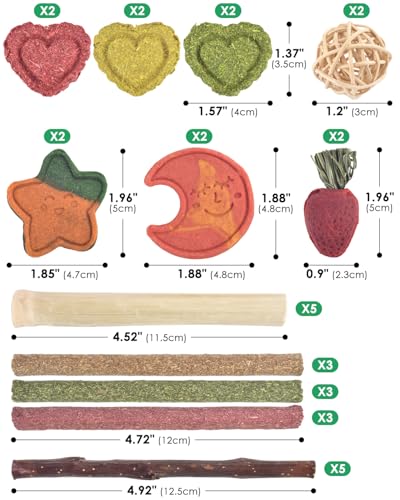 ERKOON 33PCS Bunny Chew Toys for Rabbits Teeth, Natural Rabbit Toys Apple Wood Sticks, Carrot, Timothy Grass Treats for Small Pets, Hamster, Chinchilla, Guinea Pig Dental Care and Treat Teething Toys - size: 33