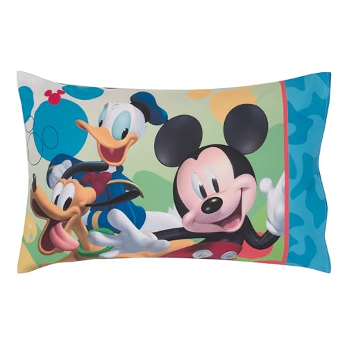 Disney Mickey Mouse Blue, Red, Green, and White, Donald Duck, Pluto, and Goofy, Fun Starts Here 2 Piece Toddler Sheet Set - Fitted Bottom Sheet, and Reversible Pillowcase - color: Mickey Mouse - Fun Starts Here