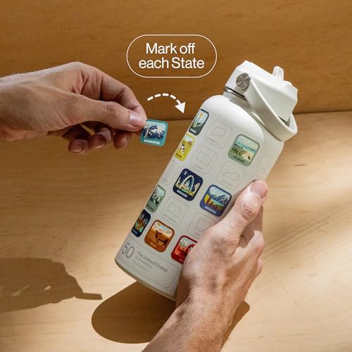 THE GEOPROJECT 50 States Bucket List Water Bottle with Stickers - 32oz Leakproof Insulated Stainless Steel with Straw & 50 States Water Bottle Stickers (Tan) - color: Sandstone/Tan