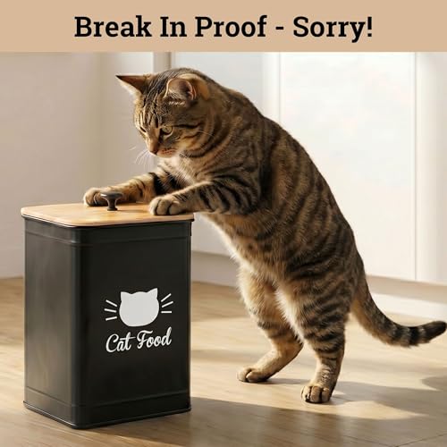 Cat Food Container with Scoop 5-7 lb (25 Cup), with Airtight Bamboo Lid | Cat Kibble Canister with Metal Scoop, 25 Cups, Chew Proof Iron Body, Powder Coated, Airtight Bamboo Lid, Sturdy Metal Handle - color: Black