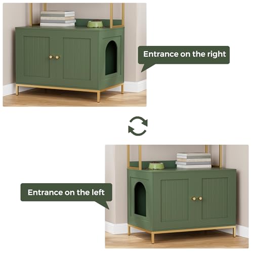 Homhedy Cat Litter Box Enclosure with 2-Tier Shelves, Green and Gold | Litter Box Furniture Hidden, Indoor Cat House, Wooden Cat Washroom Furniture with Metal Frame, Modern Style - color: Green and Gold