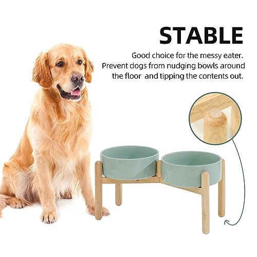 Havniva Elevated Dog Bowls Ceramic Dog Bowls with Stand, Dog Food Bowl | 8.3” Raised Dog Bowls with Non-Slip Wood Stand, Dog Food and Water Bowl Set, Double Dog Feeding Bowls for Large Dogs - color: 2 Bowls+Stand - Light Green, size: 8.3inch