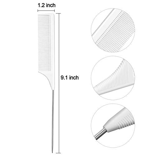 Leinuosen 3 Pack Rat Tail Comb Carbon Fiber,White | Steel Pin Tail for Sectioning, Heat Resistant Teasing, Pick Comb for Women Wig Styling, Fishtail Design for Salon Updos - color: White