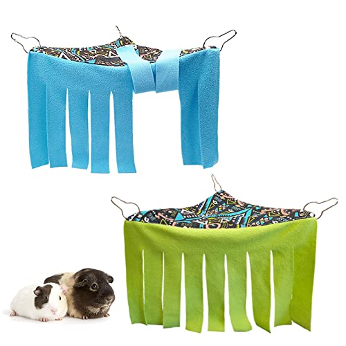RIOUSSI Guinea Pig Hideout Hideaway Corner Fleece Toys Cage Accessories | Reversible Sides | Soft Fleece Fabric | Come with Hooks | Guinea Pig Hammock for Small Animals | Green+Blue, Triangle - color: Green+Blue