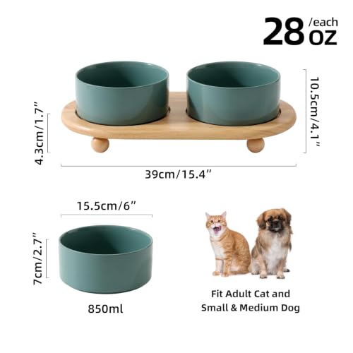 Havniva Raised Cat Bowl, 6.1” Elevated Ceramic Cat Food and Water Bowl Set | Cat Bowls Elevated, Whisker Friendly Cat Bowl, Non-Slip Wood Stand, Food-Grade Ceramic, Wide Opening, Dishwasher Safe - color: Dark Green, size: 6.1inch - 2 Bowls+Stand