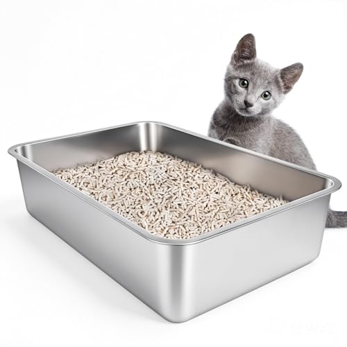 Stainless Steel Cat Litter Box,Large Metal Litter Box,19.5" Lx13.5 Wx4 H | Never Absorbs Odors,Stain Free, Rustproof, Non Stick Smooth Surface, Anti-Slip Rubber Bottom - color: 4" H, size: 19.5"L x 13.5"W