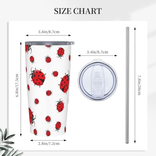 Ladybug Tumbler with Lid and Straw Flowers 20oz Insulated Stainless Steel Cup Floral Travel Coffee Mug Water Bottle for Women Gift for Birthday Christmas - color: Red
