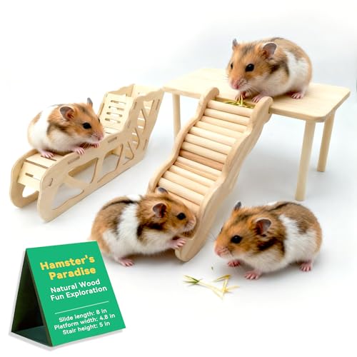 3Pcs Hamster Tunnel and Platform Set, Wooden Hamster Accessories with Wavy Stairs, Multi-Level Cage Hiding Place, Small Animal Climbing Toy, Habitat Decoration (Natural Wood)