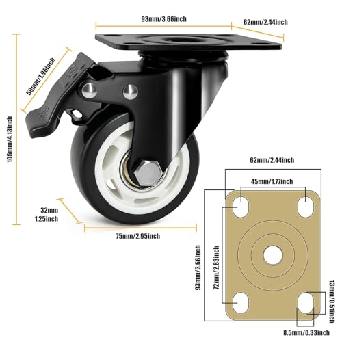 QNCZ 3 Inch Caster Wheels with Brake, Swivel,Heavy Duty, Silent, Set of 4 | Easy to Install, Efficient operation, convenient braking,Silent, Floor friendly,Widely Applied for Cart,Furniture,Workbench - color: black, size: 3 IN