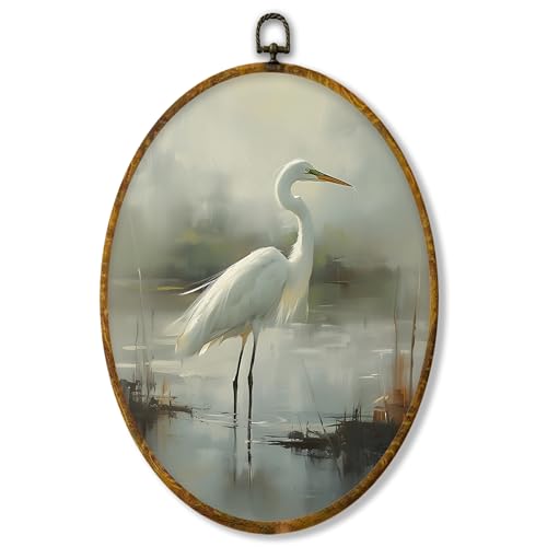 shiviody Vintage Heron Canvas Wall Art Decor, Natural Coastal Bird Wall Decor, Modern Elegant Egret Animals Oval Hanging Frame Prints Decorations for Living Room Bedroom 8.6"x11.4" - color: Animals-29