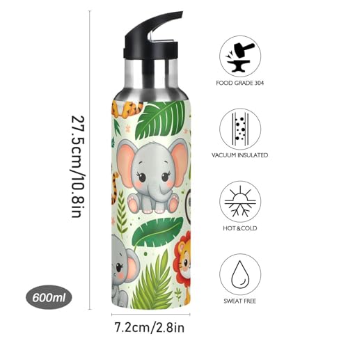 Elephant Palm Leaf Water Bottle Kids Stainless Steel Bottle with Straw Lid | Leak Proof Boys Girls Insulated Tumbler Cup for School 20 oz - color: Multi1