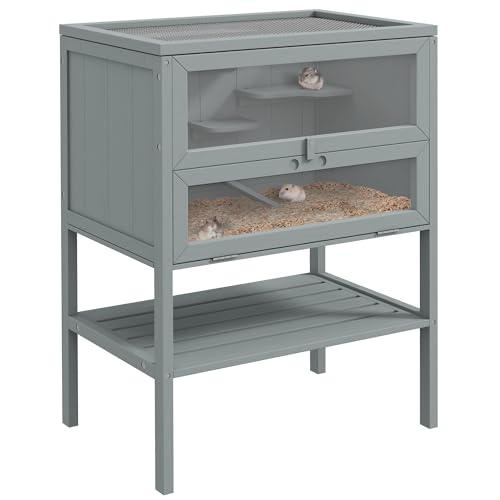 PawHut 3-Tier Wooden Hamster Cage Mice and Rat Cage Gray | Small Animals Hutch, Openable Top, Storage Shelf - color: Gray