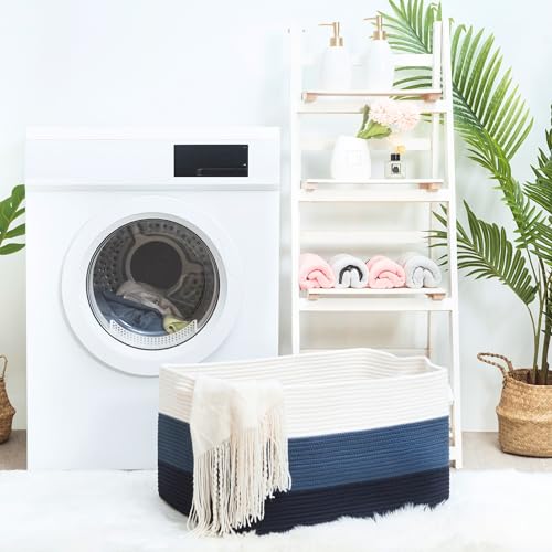 22in Extra Large Blanket Basket Holder Living Room, Rectangle Rope Woven Storage Basket with Handles for Laundry, Pool Towels, and Shoes, Dog Toy Organizer Bin Box, 3-Tone Blue - color: 3-Tone Blue